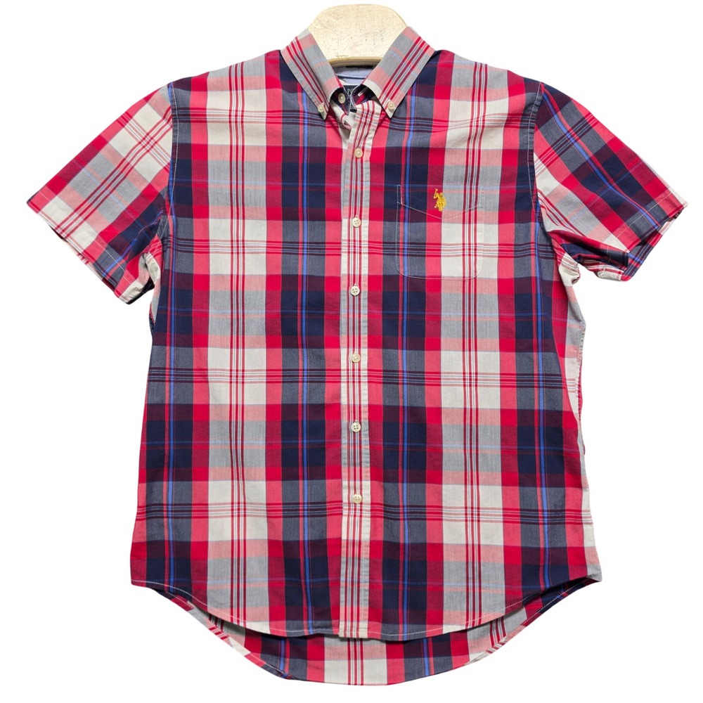 U.S. Polo Assn. Button Down Mens L Red Plaid Excellent Short Sleeve Stretch - Picture 4 of 12